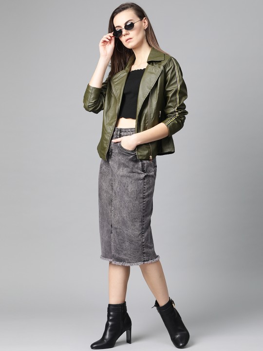 Women Charcoal Grey Acid Washed Midi Denim Skirt