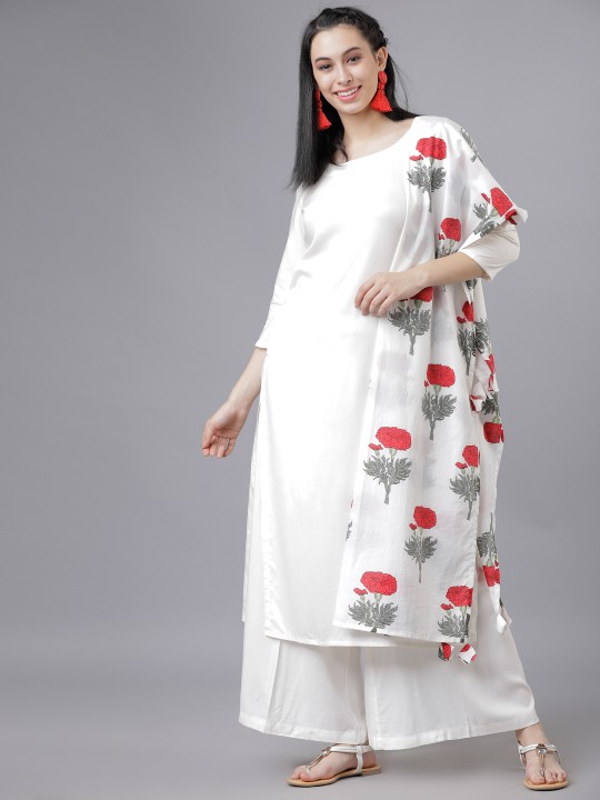 Vishudh Women Off-White & Red Solid Kurta with Palazzos & Dupatta