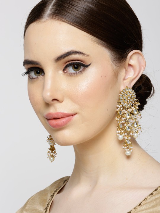 KARATCART Off-White Gold-Plated Stone-Studded Floral Drop Earrings
