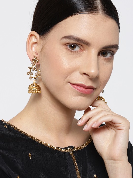 Priyaasi Gold-Plated Kundan Studded Leaf Shaped Drop Earrings