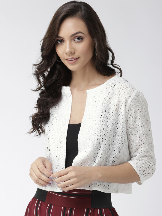 Women White Self Design Open Front Shrug