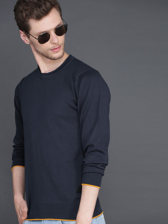 WROGN Men Navy Blue Solid Sweater
