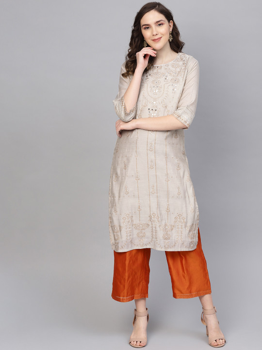 W Women Beige & Golden Printed Straight Kurta