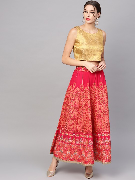 Women Pink & Mustard Yellow Printed Maxi Flared Skirt