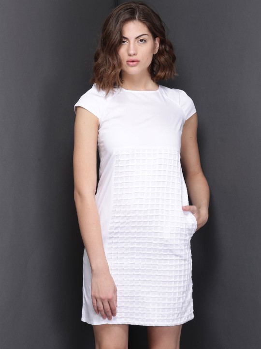 White Tuck Textured Sheath Dress S