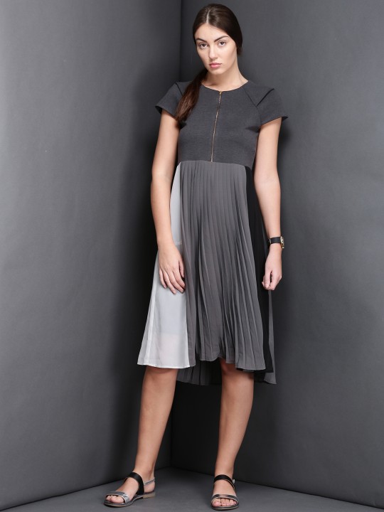 Grey Pleated Fit & Flare Dress S