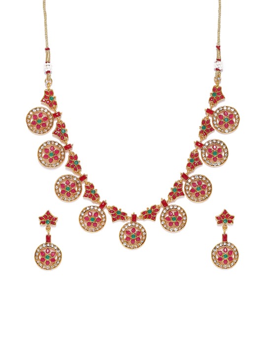 Zaveri Pearls Red & Green Gold-Plated Jewellery Set