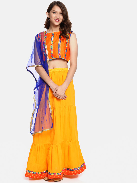 Girls Orange & Yellow Embellished Ready to Wear Lehenga & Blouse with Dupatta