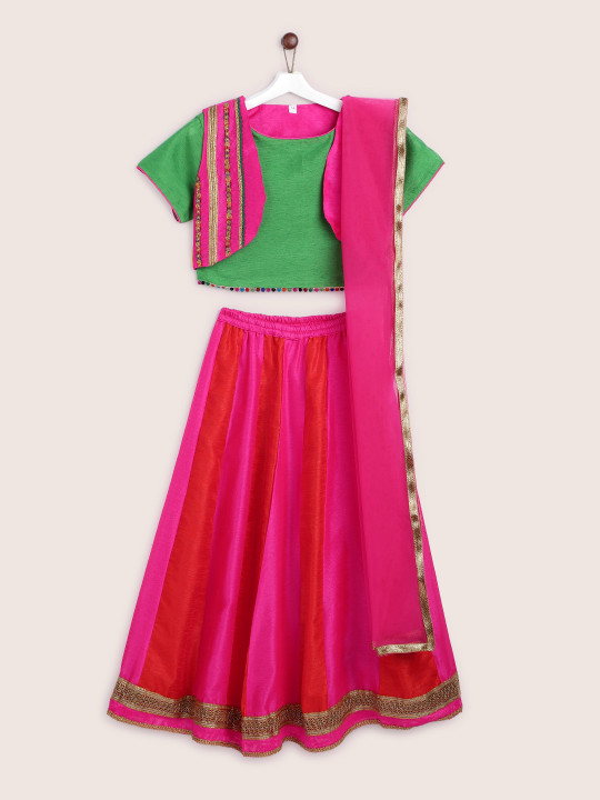 Girls Green & Pink Solid Ready to Wear Pattu Pavadai with Dupatta