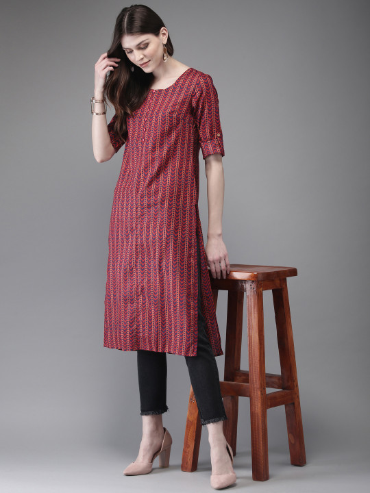 Anouk Women Red & Blue Printed Straight Kurta