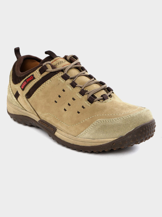 Woodland Men Olive Brown Solid Leather Sneakers with Cut work Detail