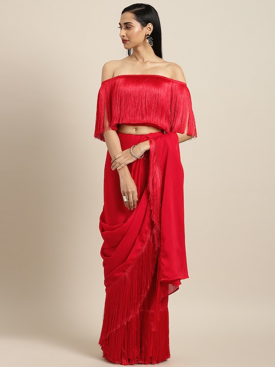 Red Solid Silk Blend Saree