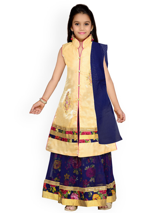 Girls Beige & Navy Blue Embroidered Ready to Wear Lehenga & Blouse with Dupatta