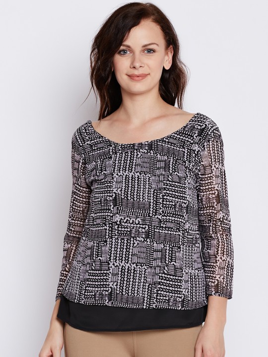 Women Black Printed Styled Back Top XS