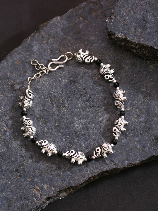 Priyaasi Black Oxidised Silver-Plated Beaded Elephant Shaped Bracelet