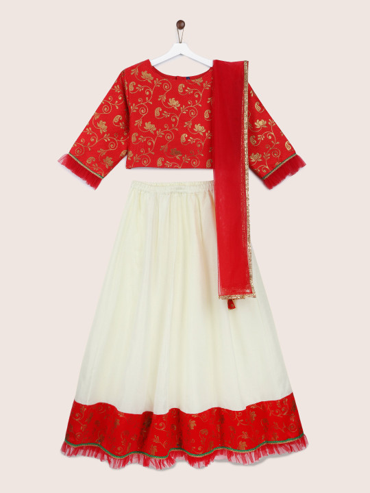 Girls Cream-Coloured & Red Embroidered Ready to Wear Pattu Pavadai with Dupatta