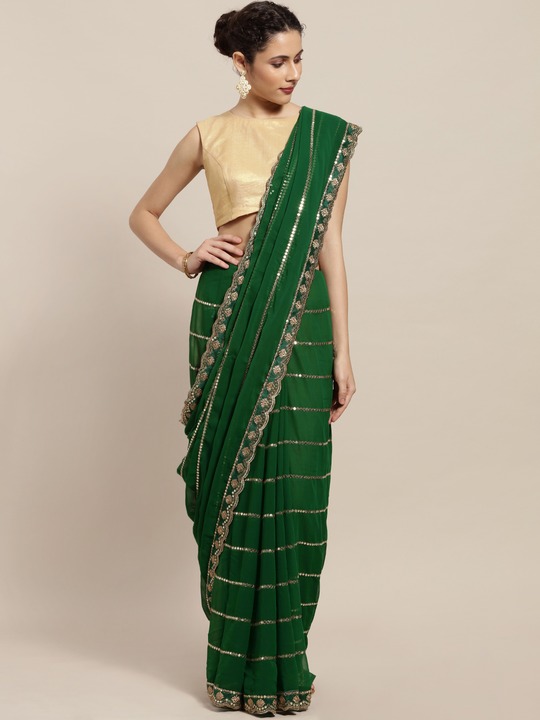Green Embellished Poly Georgette Saree
