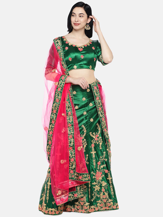 Green Semi-Stitched Lehenga & Blouse With Dupatta