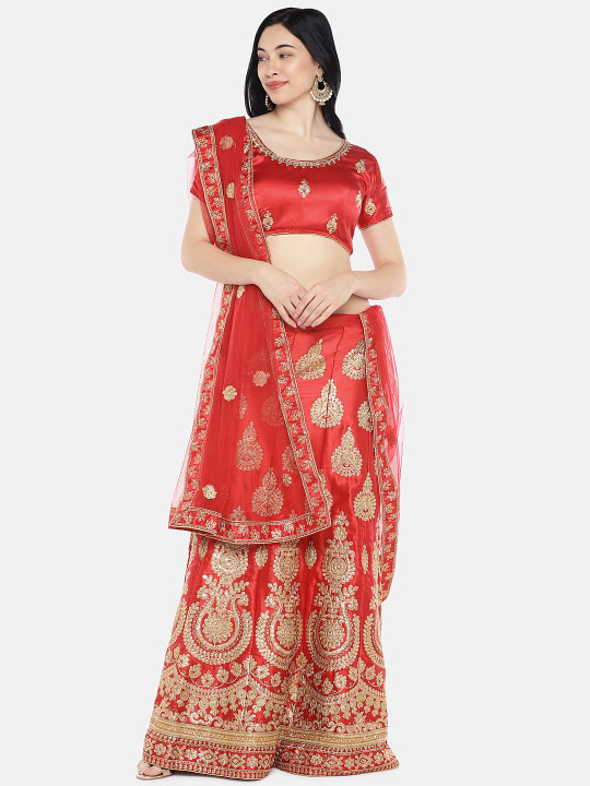 Red & Gold-Toned Embroidered Semi-Stitched Lehenga & Unstitched Blouse with Dupatta