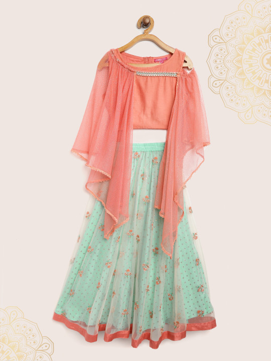Sea Green & Coral Pink Ready to Wear Lehenga with Blouse
