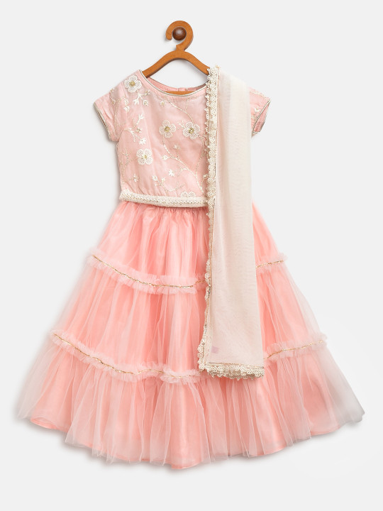 Girls Pink & Off-White Embroidered Ready to Wear Lehenga & Blouse with Dupatta