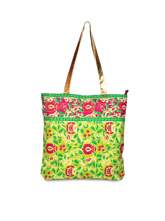 Lime Green Printed Tote Bag