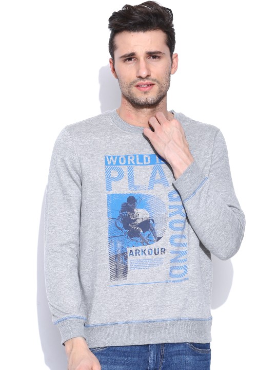 Grey Melange Printed Sweatshirt S