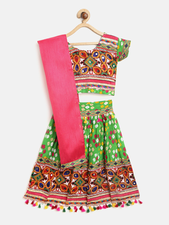Girls Green & Pink Embroidered Ready to Wear Lehenga & Blouse with Dupatta