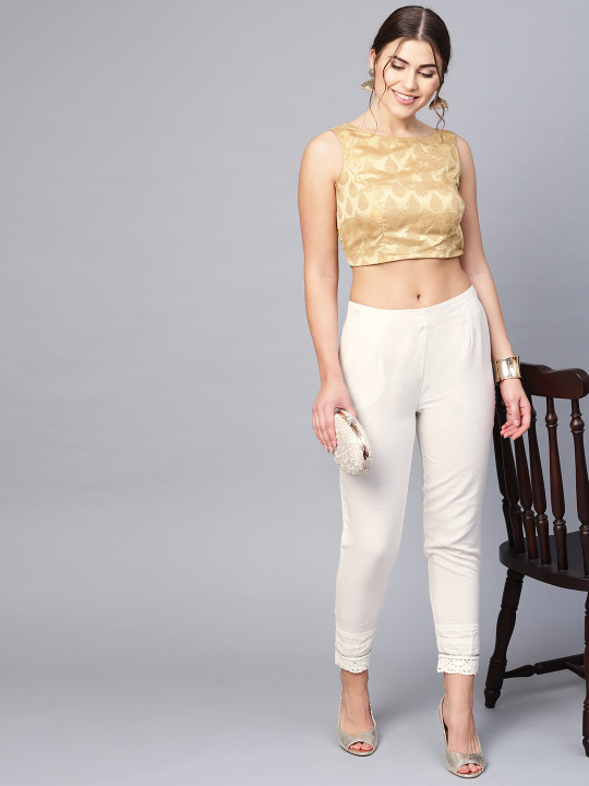 Juniper Women Off-White Smart Slim Fit Solid Cropped Cigarette Trousers