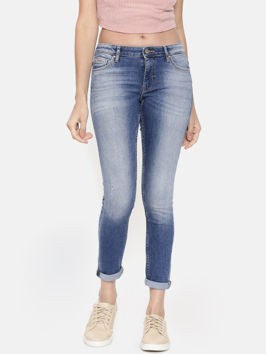 ONLY Women Blue Carmen Regular Skinny Fit Mid-Rise Low Distress Stretchable Jeans