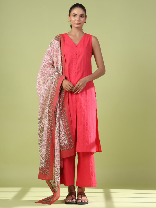 anayna Women Pink Self-Striped Kurta with Trousers & Dupatta