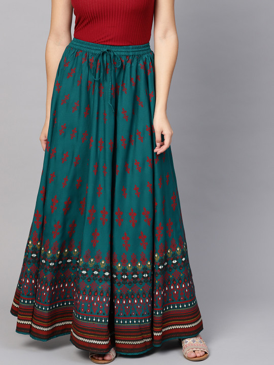 anayna Anayna Teal Blue & Red Printed Flared Maxi Skirt