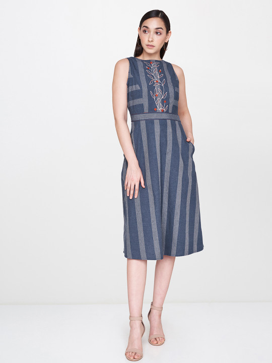 AND Women Blue & White Striped A-Line Dress