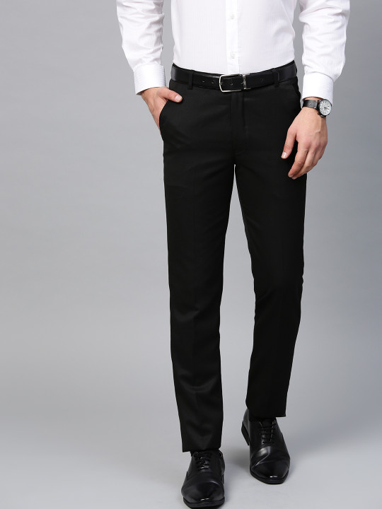 MANQ Men Black Solid Slim Fit Mid-Rise Formal Trousers