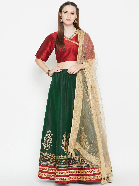 Green & Red Embellished Lehenga & Ready to Wear Blouse with Dupatta