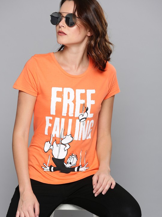Women Orange Printed Round Neck T-shirt XS