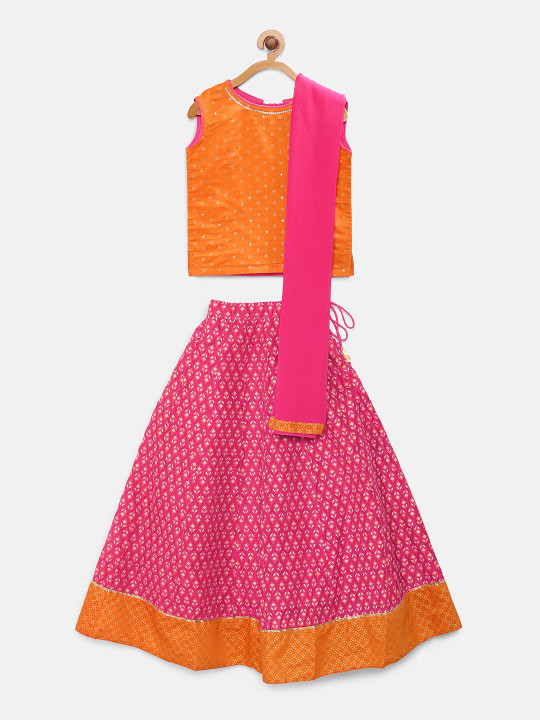 Girls Orange & Pink Printed Ready to Wear Lehenga & Blouse with Dupatta