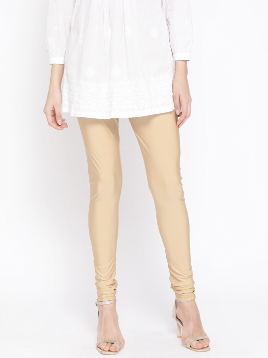 Women Beige Solid Churidar Length Leggings
