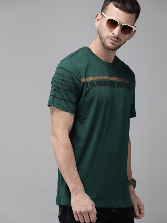 Roadster Men Teal Green Printed Round Neck T-shirt