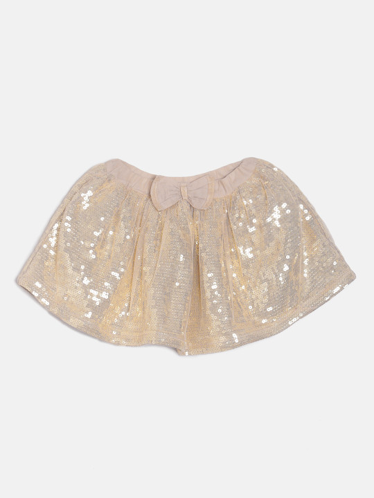 MINI KLUB Girls Champagne-Coloured Embellished A-Line Sequin Mini Skirt