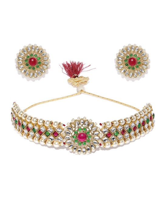 Zaveri Pearls Gold-Plated & Red Kundan & Pearl Studded Jewellery Set