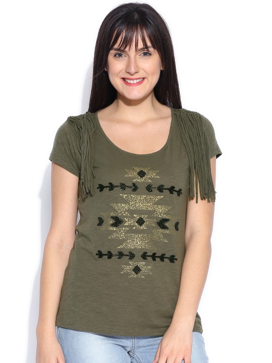 Olive Green Printed Top XS