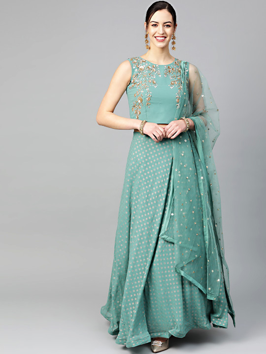 Women Blue & Golden Foil Print Made to Measure Lehenga Choli With Dupatta