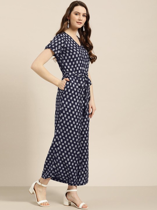 Women Navy Blue & White Printed Basic Jumpsuit