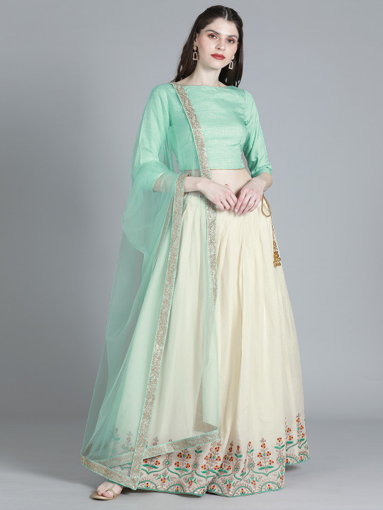 Turquoise Blue & Off-White Embroidered Made to Measure Lehenga & Blouse with Dupatta