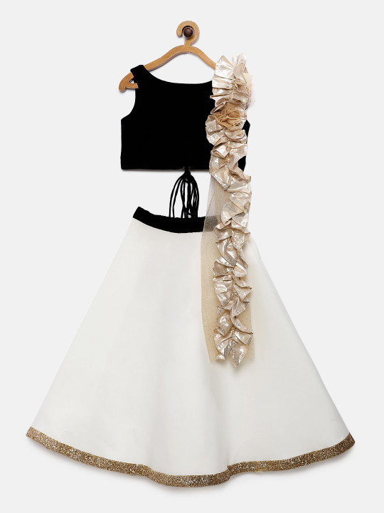 Girls White & Black Solid Ready to Wear Lehenga & Blouse with Dupatta