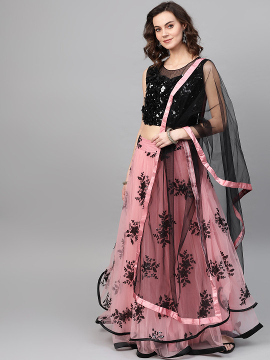 Women Pink & Black Sequinned Made to Measure Lehenga Choli With Dupatta