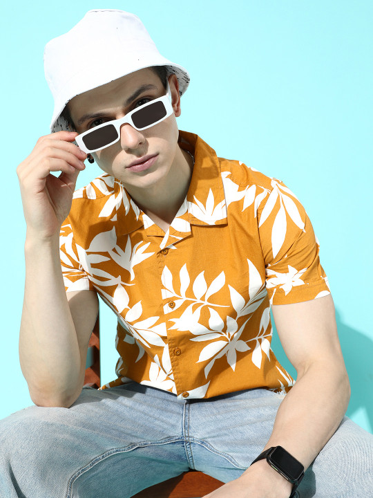 men mustard floral resort wear sustainable shirt