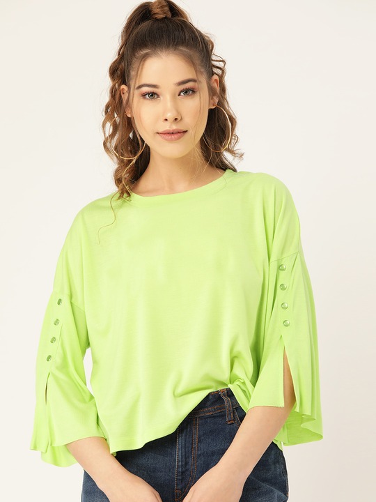 Women Fluorescent Green Solid Boxy Top