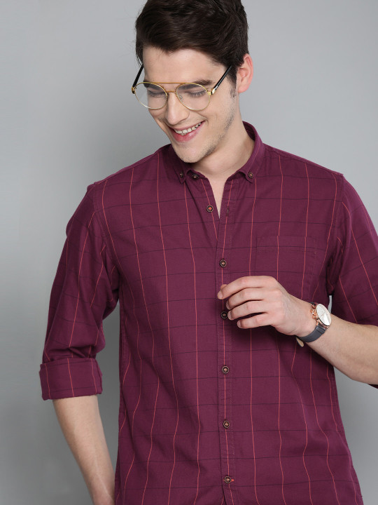 Mast & Harbour Men Magenta & Orange Checked Cotton Casual Shirt